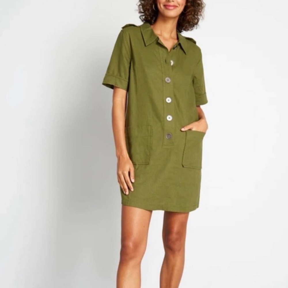 (B52) ModCloth | Avocado Casual Aspects Linen-Blend Shirt Dress -‎ Women, Size M